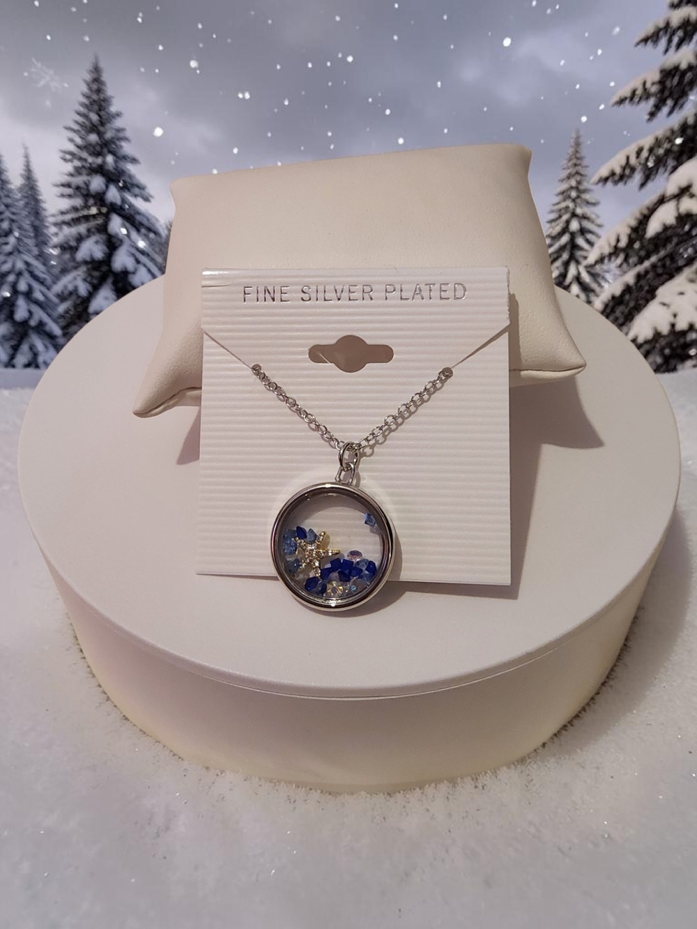 Fine Silver Plated Blue Crystal  Necklace